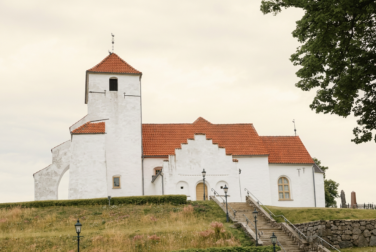 Vitaby kyrka med rött tegeltak på en grön kulle